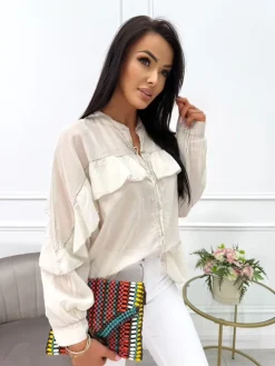 Beżowa Bawełniana Koszula z Falbanką 14052-111-A|Modna Kiecka Fashion
