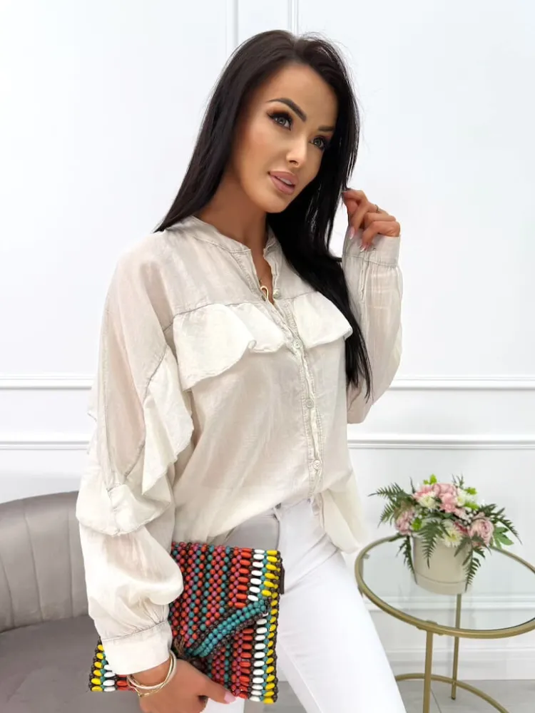 Beżowa Bawełniana Koszula z Falbanką 14052-111-A|Modna Kiecka Fashion