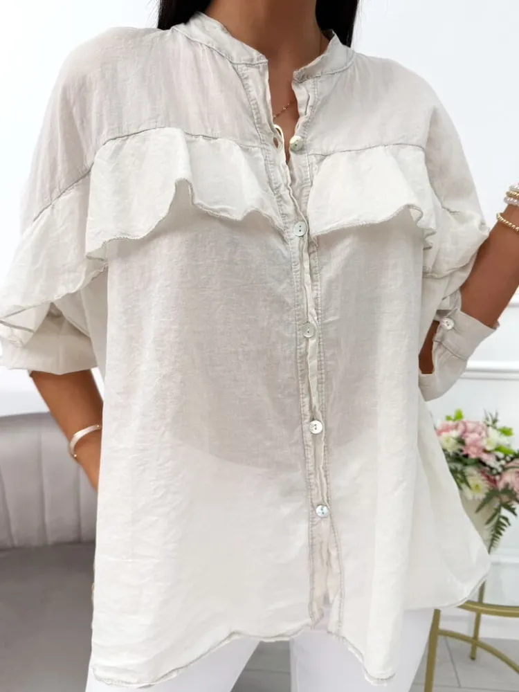 Beżowa Bawełniana Koszula z Falbanką 14052-111-A|Modna Kiecka Fashion