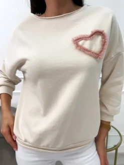 Beżowa Bluza z Ozdobną Naszywką 13674-325-Q|Modna Kiecka Online
