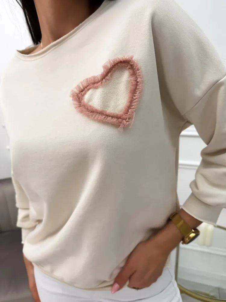 Beżowa Bluza z Ozdobną Naszywką 13674-325-Q|Modna Kiecka Online
