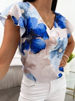 Beżowa Bluzeczka w Niebieskie Kwiaty  13921-502-A|Modna Kiecka Fashion