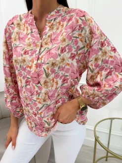 Beżowa Bluzka w Różowe Kwiaty 13745-71-A|Modna Kiecka Hot