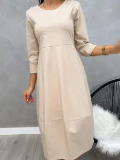 Beżowa Dresowa Sukienka z Kieszeniami 13153-535-A|Modna Kiecka Clearance