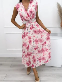 Beżowa Plisowana Sukienka w Kwiatki 12592-83-Q|Modna Kiecka Discount