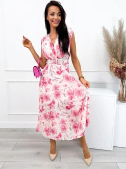 Beżowa Plisowana Sukienka w Kwiatki  12592-83-Q|Modna Kiecka Discount