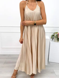 Beżowa Plisowana Sukienka Maxi 12585-75-A|Modna Kiecka Discount