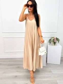 Beżowa Plisowana Sukienka Maxi 12585-75-A|Modna Kiecka Discount