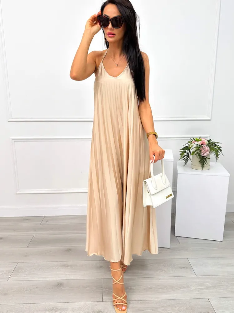 Beżowa Plisowana Sukienka Maxi 12585-75-A|Modna Kiecka Discount