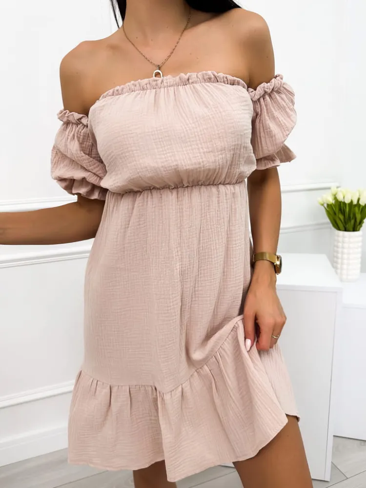 Beżowa Sukienka Hiszpanka z Falbanką 12455-327-A|Modna Kiecka Outlet