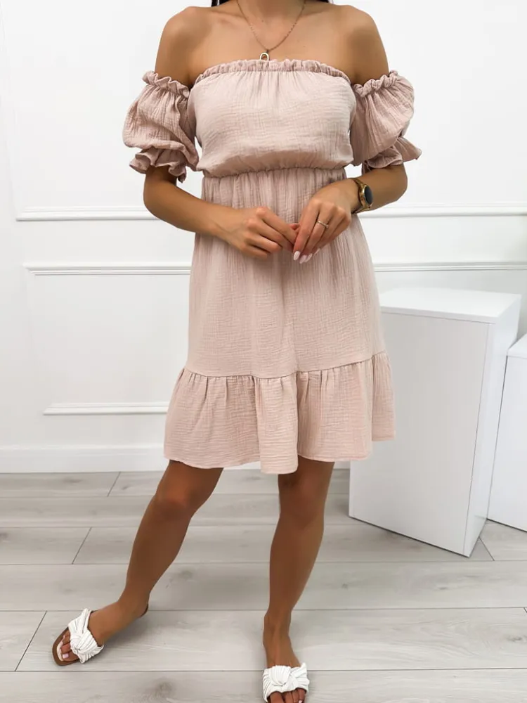 Beżowa Sukienka Hiszpanka z Falbanką 12455-327-A|Modna Kiecka Outlet
