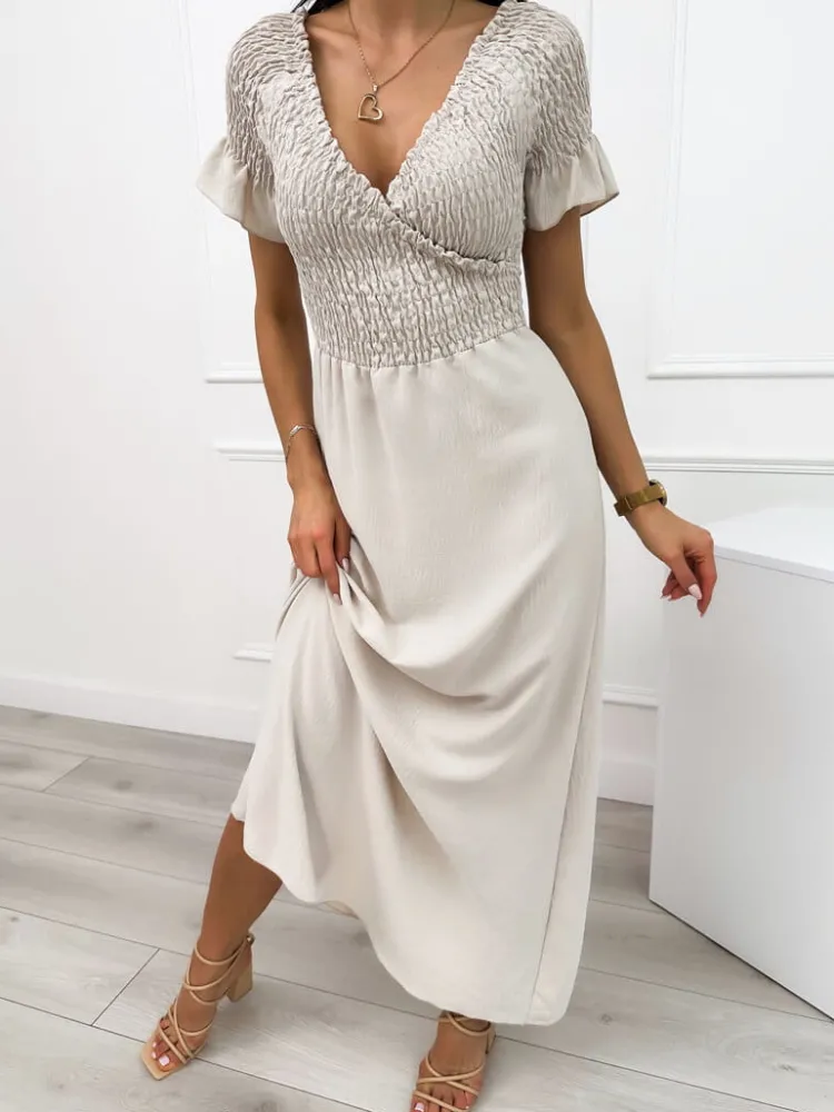 Beżowa Sukienka Maxi 12302-295-A|Modna Kiecka Online