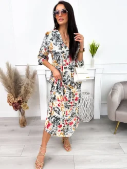Beżowa Sukienka Maxi w Kwiaty 12258-364-Q|Modna Kiecka Sale