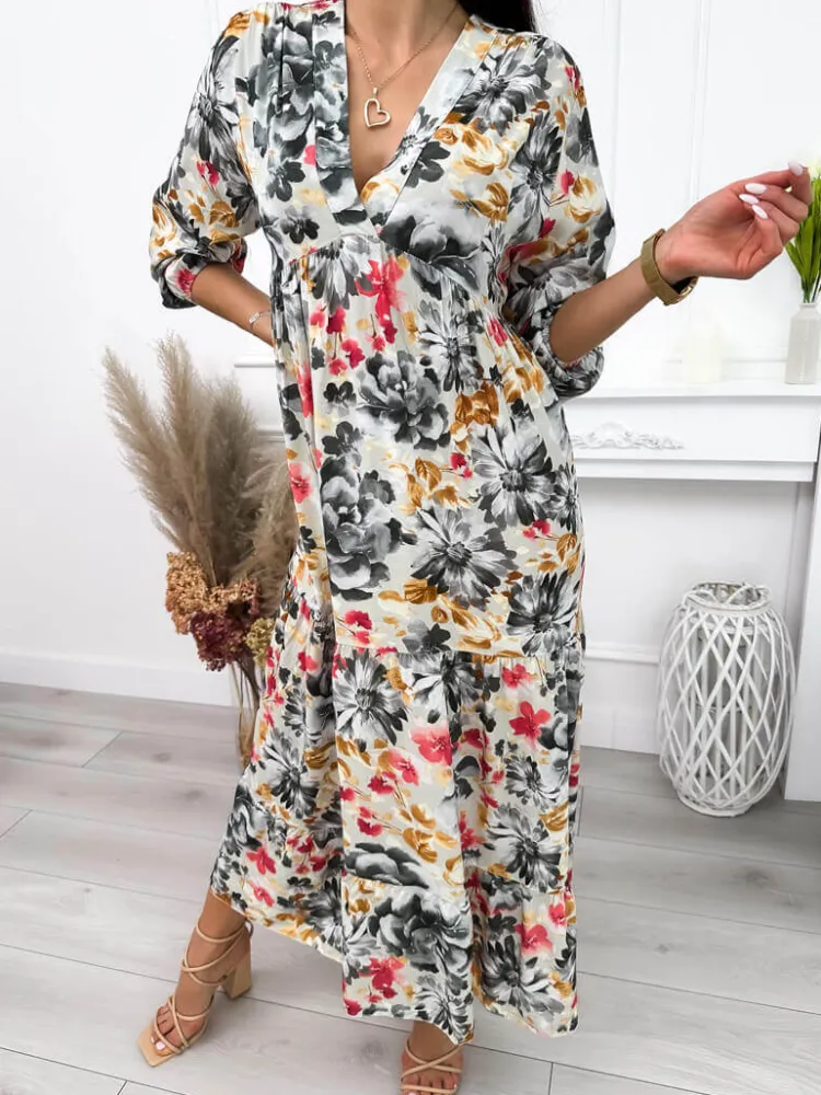 Beżowa Sukienka Maxi w Kwiaty 12258-364-Q|Modna Kiecka Sale
