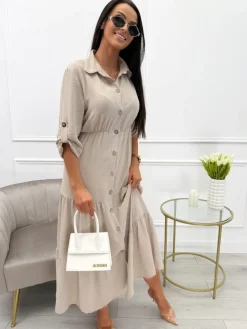 Beżowa Sukienka Maxi z Guzikami 13767-65-A|Modna Kiecka Clearance