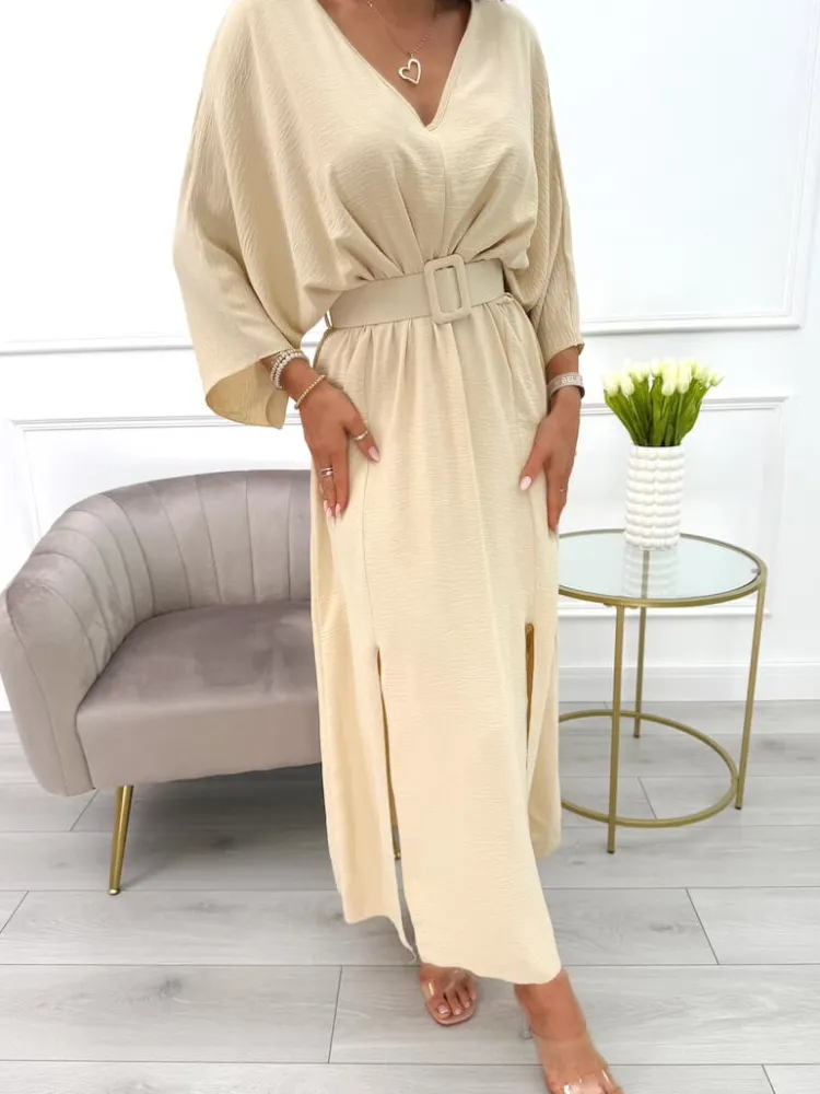 Beżowa Sukienka Maxi z Rozcięciami i Paskiem 12508-518-C|Modna Kiecka Outlet