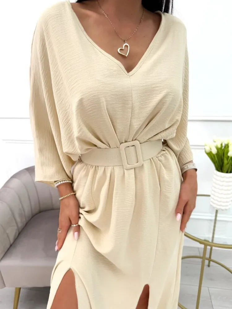 Beżowa Sukienka Maxi z Rozcięciami i Paskiem 12508-518-C|Modna Kiecka Outlet