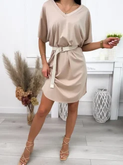 Beżowa Sukienka Oversize z Paskiem 12134-503-A|Modna Kiecka Hot