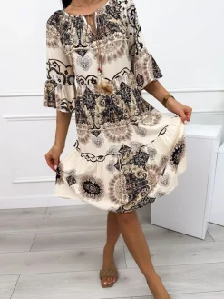 Beżowa Sukienka w Czarny Wzór 12457-529-A|Modna Kiecka Hot
