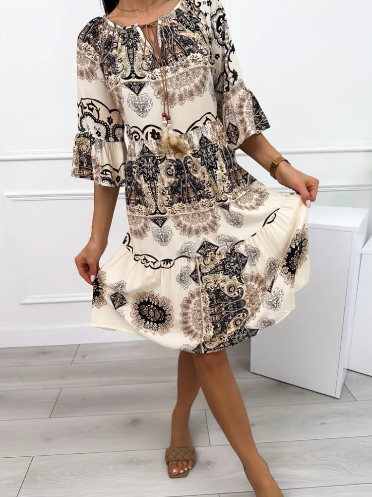 Beżowa Sukienka w Czarny Wzór 12457-529-A|Modna Kiecka Hot