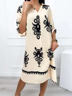 Beżowa Sukienka w Czarny Wzór 12459-524-A|Modna Kiecka New