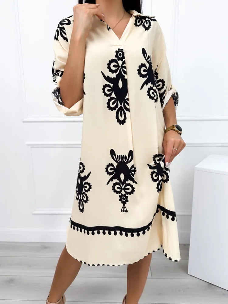 Beżowa Sukienka w Czarny Wzór 12459-524-A|Modna Kiecka New