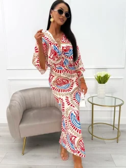 Beżowa Sukienka w Czerwono-Niebieski Wzór 13954-110-A|Modna Kiecka Fashion