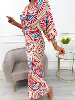 Beżowa Sukienka w Czerwono-Niebieski Wzór 13954-110-A|Modna Kiecka Fashion