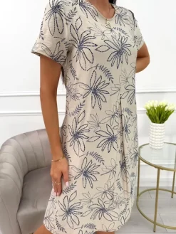 Beżowa Sukienka w Granatowy Wzór z Kieszeniami 13967-515-A|Modna Kiecka Sale