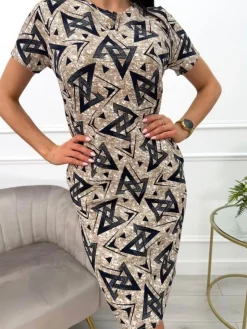 Beżowa Sukienka w Granatowy Wzór z Kieszeniami 13517-313-Q|Modna Kiecka Fashion