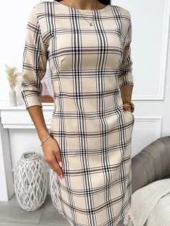 Beżowa Sukienka w Kratę 11461-535-Q|Modna Kiecka Hot