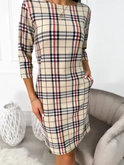Beżowa Sukienka w Kratę 11100-523-Q|Modna Kiecka Outlet