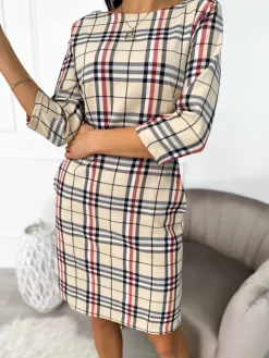 Beżowa Sukienka w Kratę  11100-523-Q|Modna Kiecka Outlet