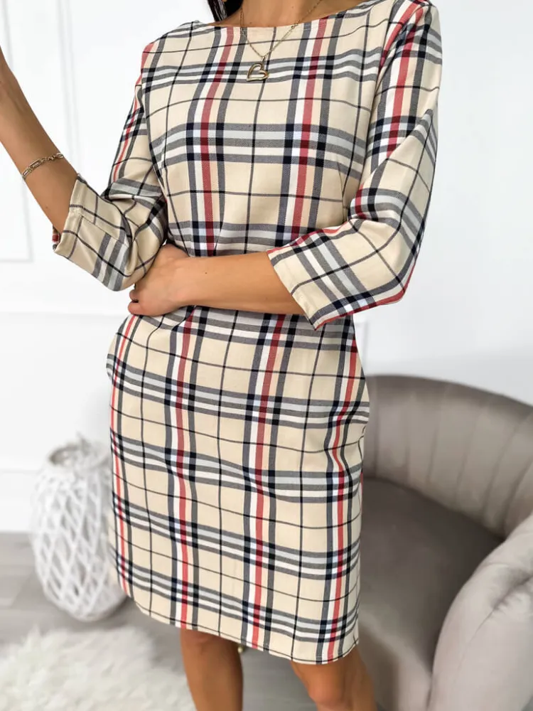 Beżowa Sukienka w Kratę 11100-523-Q|Modna Kiecka Outlet