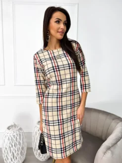Beżowa Sukienka w Kratę 11100-523-Q|Modna Kiecka Outlet