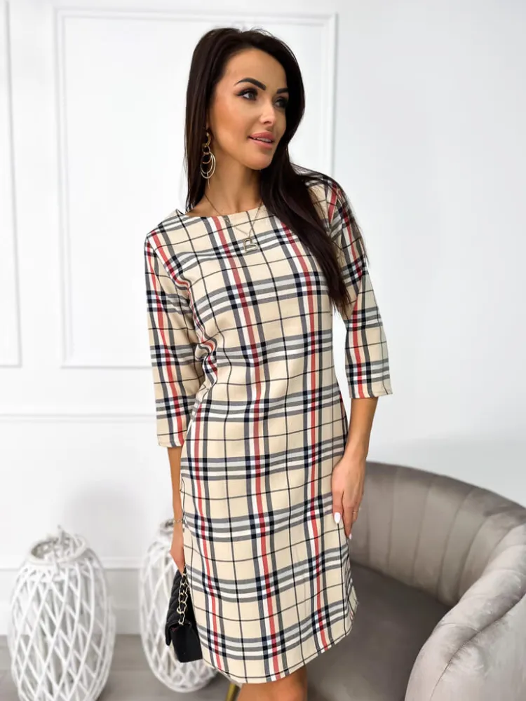 Beżowa Sukienka w Kratę 11100-523-Q|Modna Kiecka Outlet