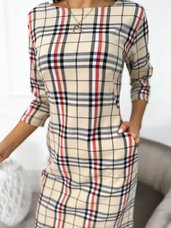 Beżowa Sukienka w Kratę 11100-523-Q|Modna Kiecka Outlet