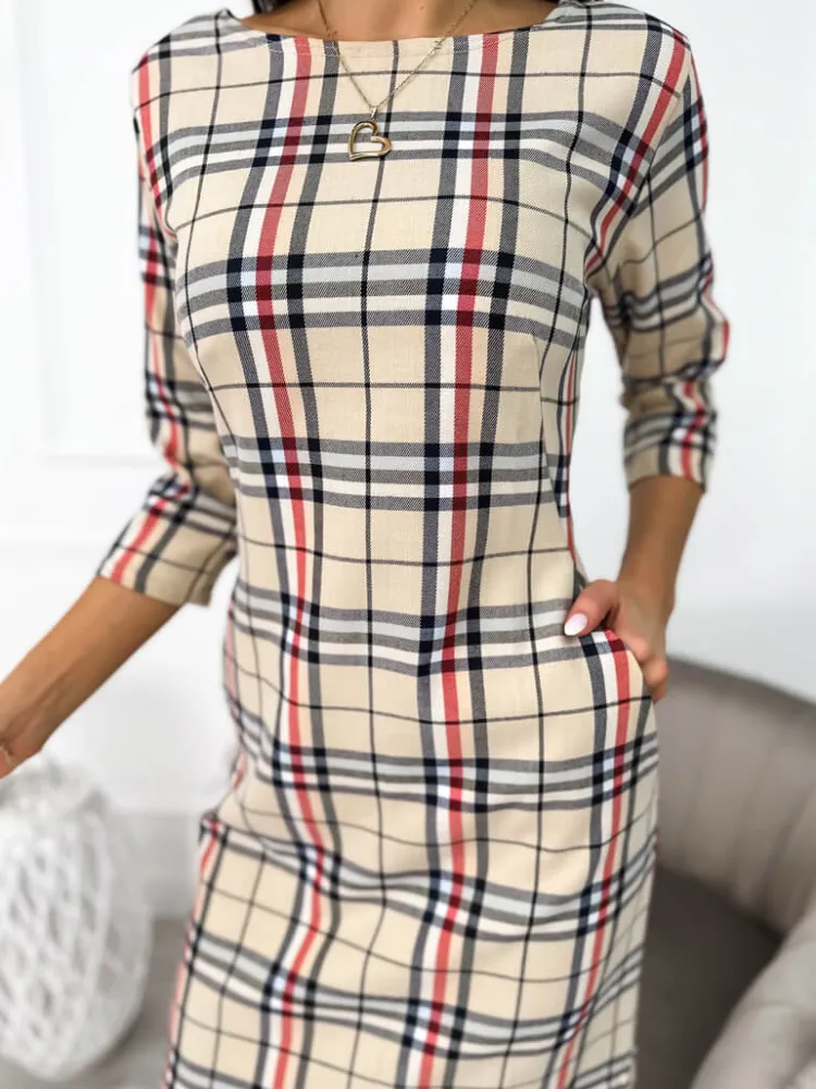 Beżowa Sukienka w Kratę 11100-523-Q|Modna Kiecka Outlet