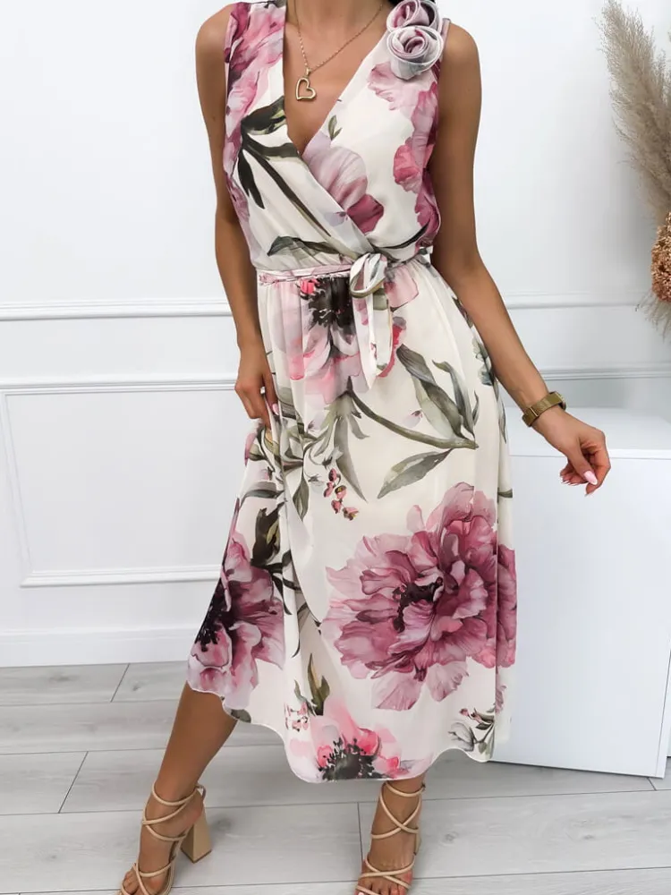 Beżowa Sukienka w Kwiaty z Ozdobami 12547-528-Q|Modna Kiecka Outlet