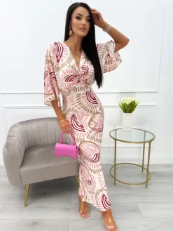 Beżowa Sukienka w Pudrowo-Brązowy Wzór 13954-110-B|Modna Kiecka Clearance