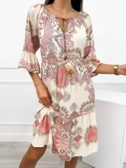 Beżowa Sukienka w Pudrowy Wzór 12457-529-C|Modna Kiecka Outlet