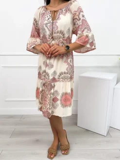 Beżowa Sukienka w Pudrowy Wzór 12457-529-C|Modna Kiecka Outlet