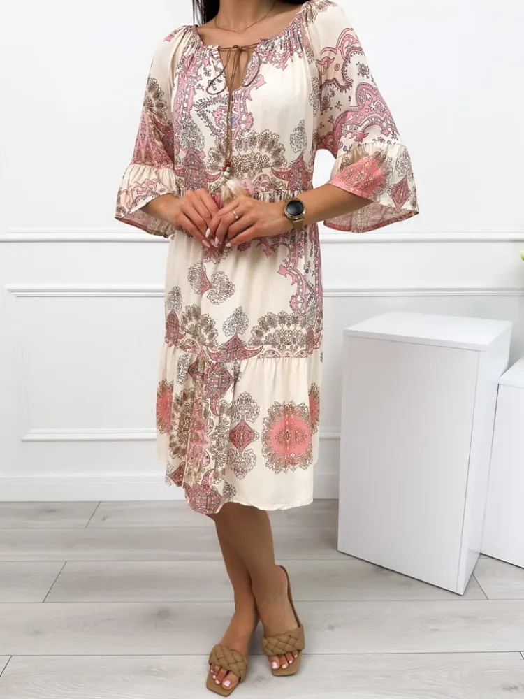 Beżowa Sukienka w Pudrowy Wzór 12457-529-C|Modna Kiecka Outlet