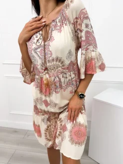 Beżowa Sukienka w Pudrowy Wzór 12457-529-C|Modna Kiecka Outlet