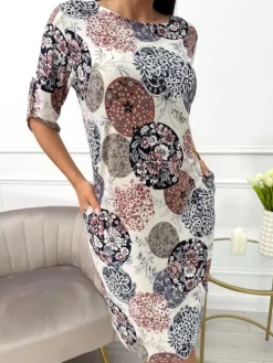 Beżowa Sukienka w Roślinny Wzór 13690-84-Q|Modna Kiecka Sale