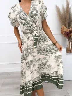Beżowa Sukienka w Zielony Wzór z Paskiem 12582-513-C|Modna Kiecka Discount