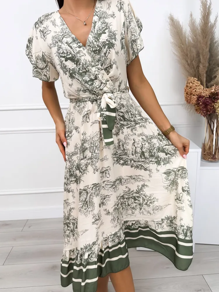 Beżowa Sukienka w Zielony Wzór z Paskiem 12582-513-C|Modna Kiecka Discount