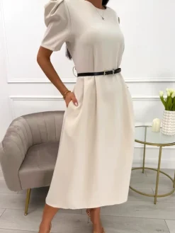 Beżowa Sukienka z Bufiastymi Rękawami i Paskiem 13848-533-A|Modna Kiecka Fashion
