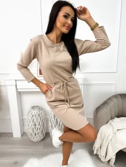 Beżowa Sukienka z Kieszeniami 11388-259-A|Modna Kiecka Discount