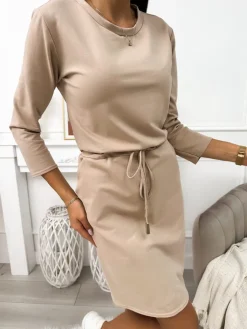 Beżowa Sukienka z Kieszeniami 11388-259-A|Modna Kiecka Discount
